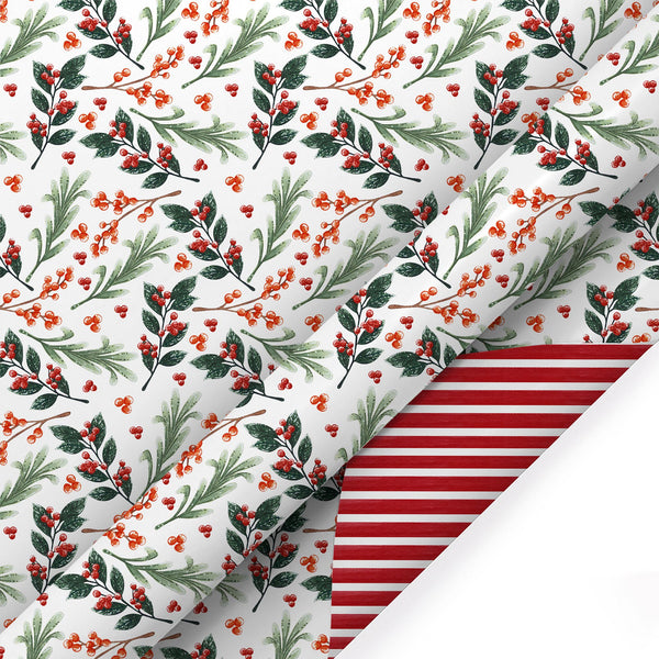 30" x 10' Holiday Reversible Wrapping Paper | Greens and Berries/Red and White Stripe