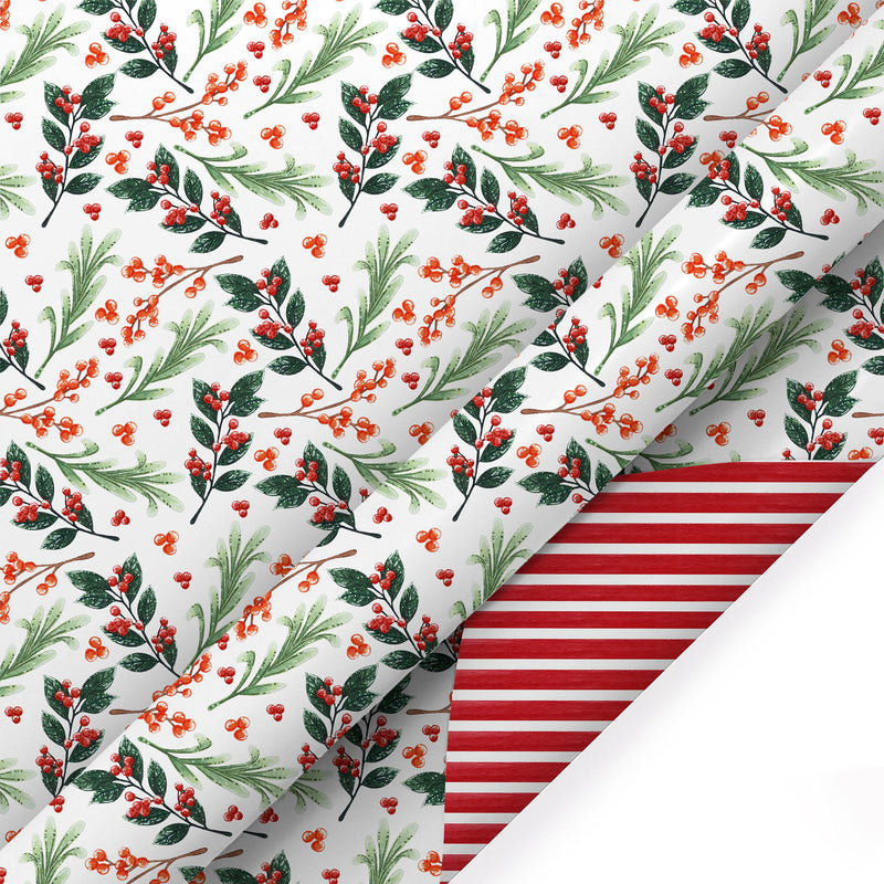 30" x 10' Holiday Reversible Wrapping Paper | Greens and Berries/Red and White Stripe