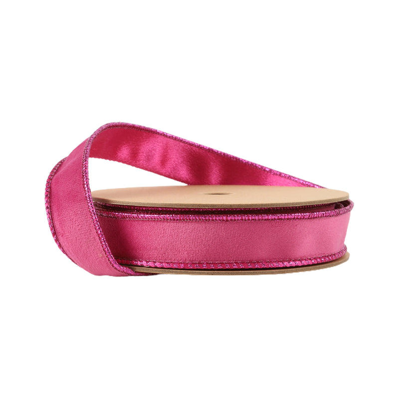 1" Reversible Classic Velvet Wired Ribbon | Hot Pink/Shimmer Pink | 10 Yard Roll