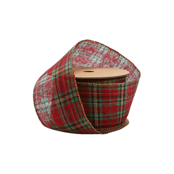 2 1/2" Wired Ribbon | Red/Green/Gold Plaid | 10 Yard Roll