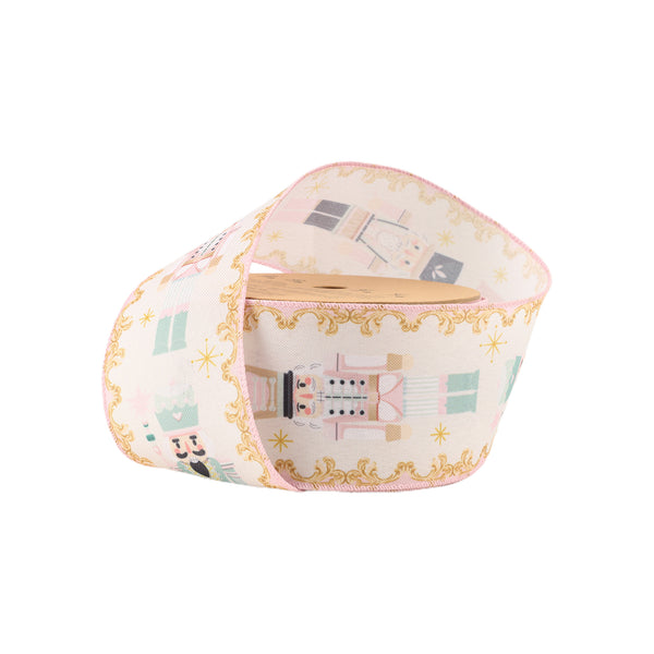 2 1/2" Wired Ribbon | Pink Nutcracker on White | 10 Yard Spool