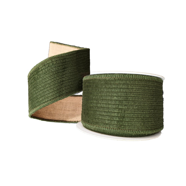 2 1/2" Wired Corduroy Ribbon | Green with Burlap Back | 5 Yard Roll