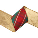 4" Wired Dupioni Ribbon | Red/Green/Gold Plaid Bias Cut w/ Double-Fused Gold Backing | 10 Yard Roll
