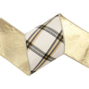 4" Wired Ribbon | Ivory/Black/Gold Bias Cut Plaid | 5 Yard Roll