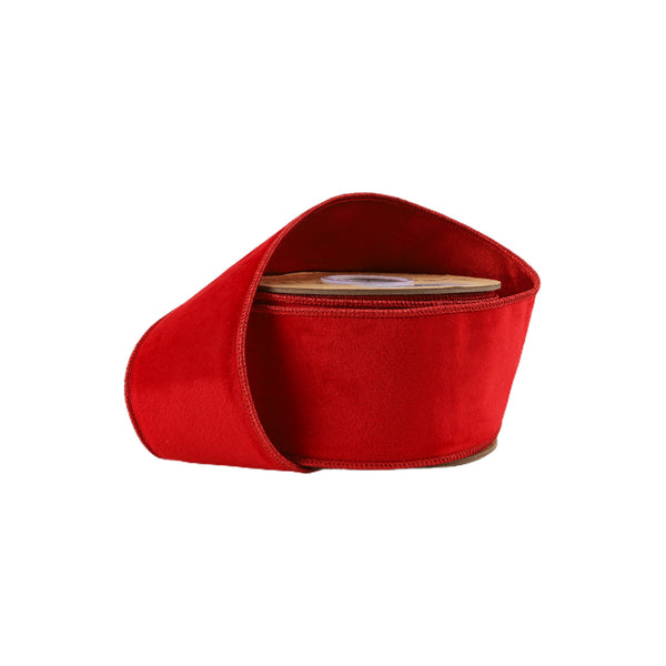 2 1/2 Wired Cozy Velvet Ribbon | Red w/ Double-Fused Metallic Red Dupioni | 10 Yard Roll