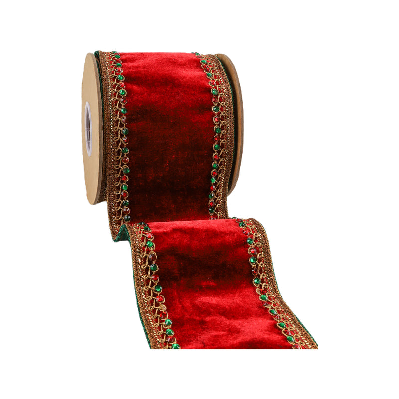 4" Wired Premium Velvet Ribbon | Jeweled Trim Red | 5 Yard Roll