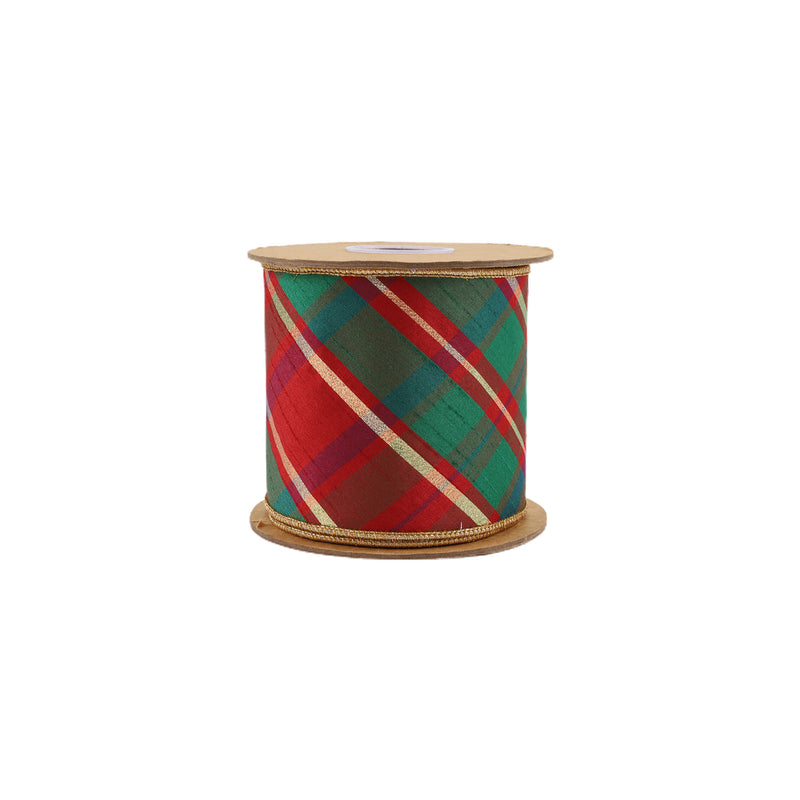 4" Wired Dupioni Ribbon | Red/Green/Gold Plaid Bias Cut w/ Double-Fused Gold Backing | 10 Yard Roll