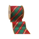 4" Wired Dupioni Ribbon | Red/Green/Gold Plaid Bias Cut w/ Double-Fused Gold Backing | 10 Yard Roll
