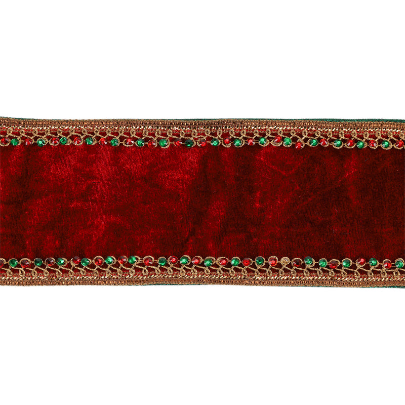 4" Wired Premium Velvet Ribbon | Jeweled Trim Red | 5 Yard Roll