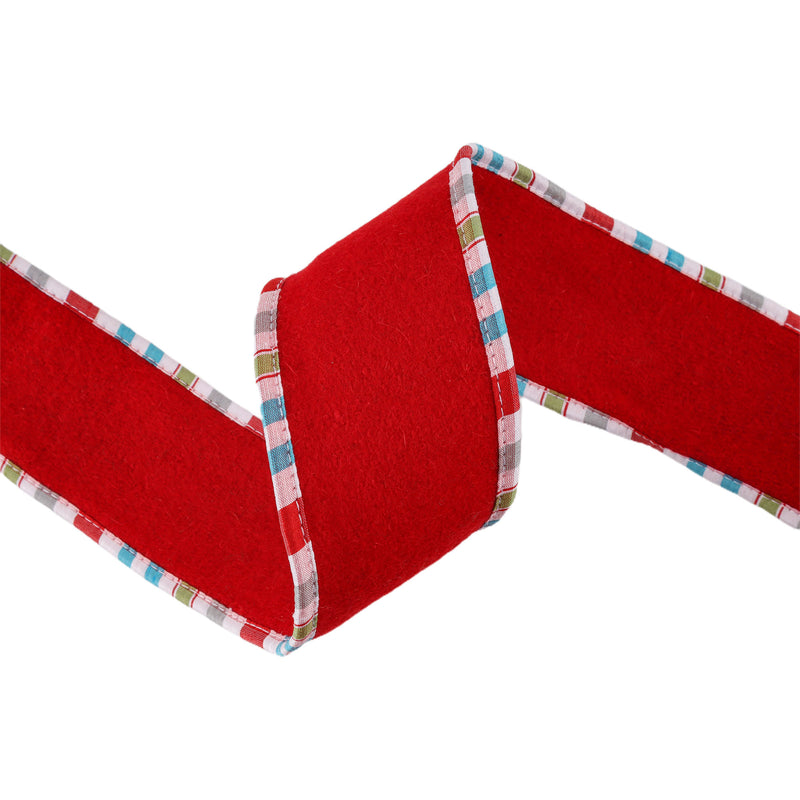 2 1/2" Wired Ribbon | Red Felt w/ Teal Plaid Edging | 5 Yard Roll