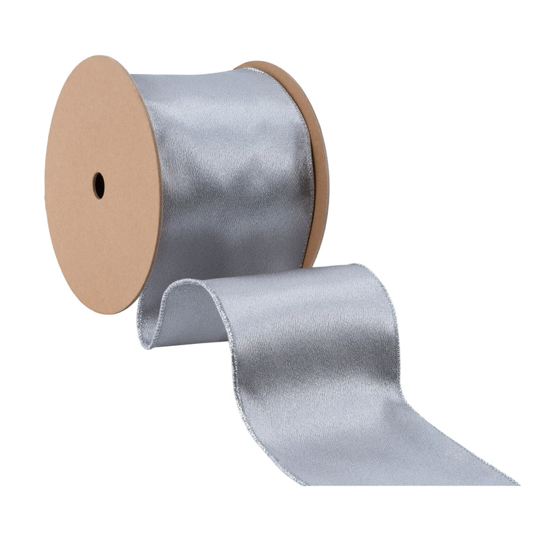4" Wired Shimmer Satin | Silver with Silver Backing | 10 Yard Roll