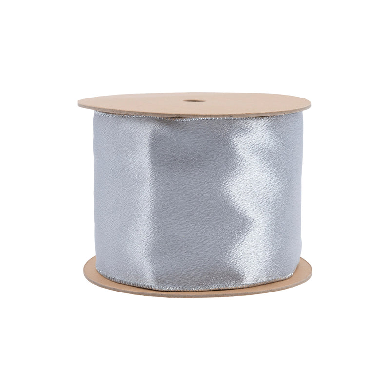 4" Wired Shimmer Satin | Silver with Silver Backing | 10 Yard Roll