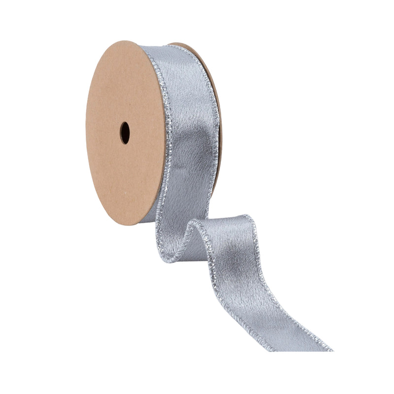1" Wired Shimmer Satin | Silver with Silver Backing | 10 Yard Roll