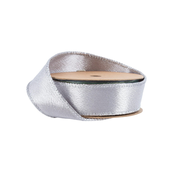 1" Wired Shimmer Satin | Silver with Silver Backing | 10 Yard Roll