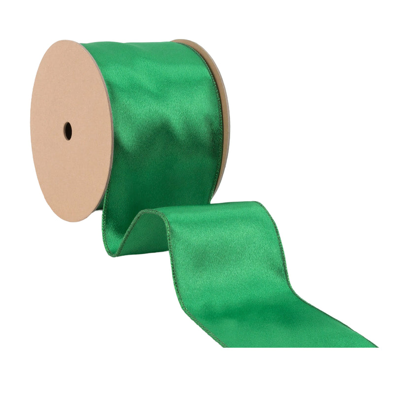 4" Wired Shimmer Satin | Green with Green Backing | 10 Yard Roll