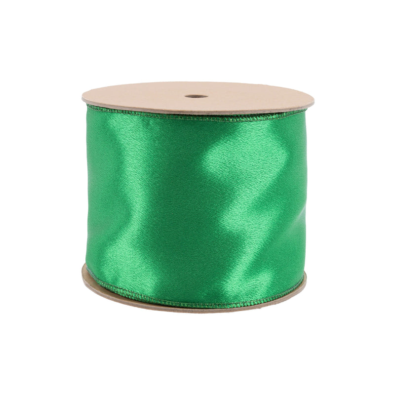 4" Wired Shimmer Satin | Green with Green Backing | 10 Yard Roll