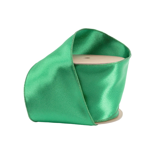 4" Wired Shimmer Satin | Green with Green Backing | 10 Yard Roll