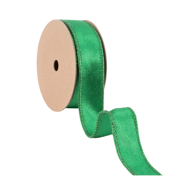 1" Wired Shimmer Satin | Green with Green Backing | 10 Yard Roll