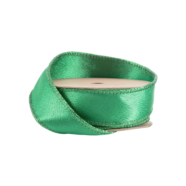 1" Wired Shimmer Satin | Green with Green Backing | 10 Yard Roll
