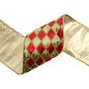 4" Wired Velvet Ribbon | Diamond Apple Green/Red/Gold Glitter | 5 Yard Roll