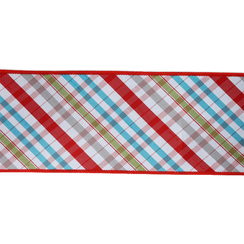 4" Wired Taffeta Ribbon | Red/Turquoise/Apple Green/White Plaid Bias Cut Double-Fused w/ Turquoise Backing | 10 Yard Roll