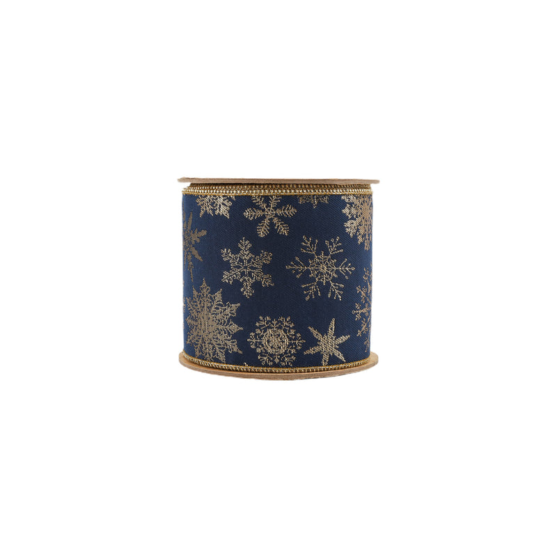 4" Wired Jaquard Ribbon | Blue Snowflake w/  Tissue Backing | 5 Yard Roll