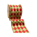 4" Wired Velvet Ribbon | Diamond Apple Green/Red/Gold Glitter | 5 Yard Roll