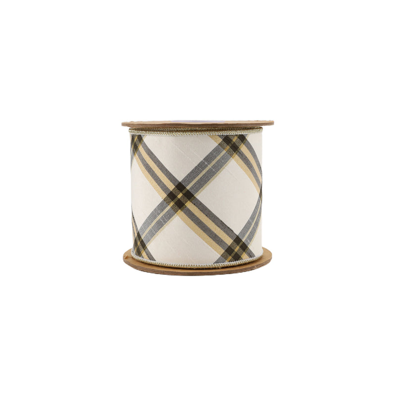 4" Wired Ribbon | Ivory/Black/Gold Bias Cut Plaid | 5 Yard Roll