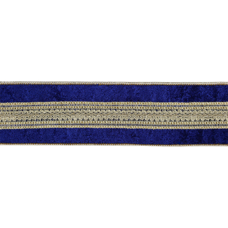 2 1/2" Wired Premium Ribbon | Gold Trim on Blue | 5 Yard Roll