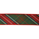 2 1/2" Wired Dupioni Ribbon | Red/Dark Green Plaid Bias Cut Double-Fused Red Backing | 5 Yard Roll