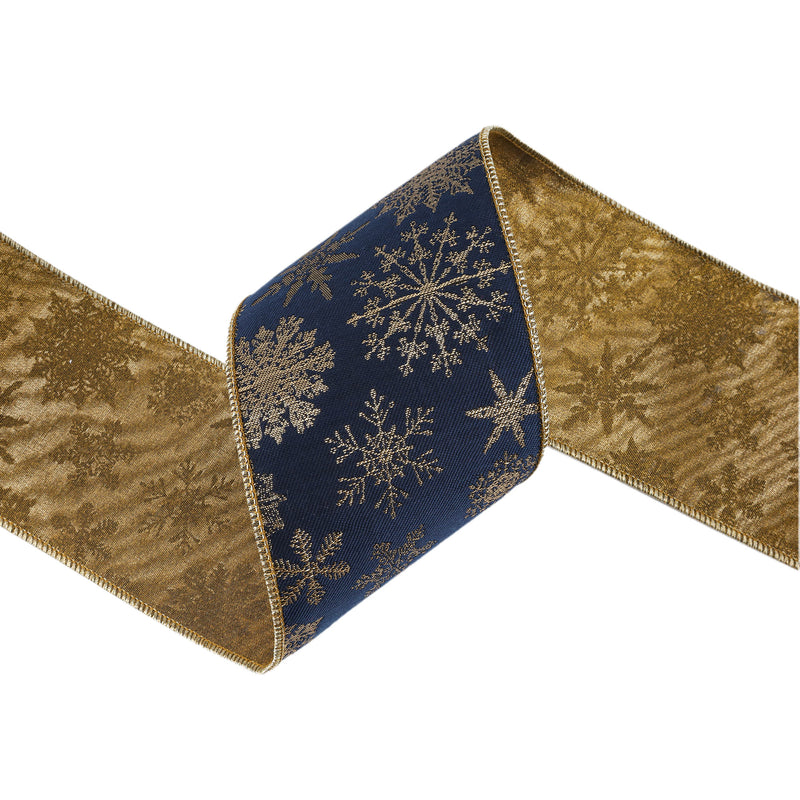 4" Wired Jaquard Ribbon | Blue Snowflake w/  Tissue Backing | 5 Yard Roll
