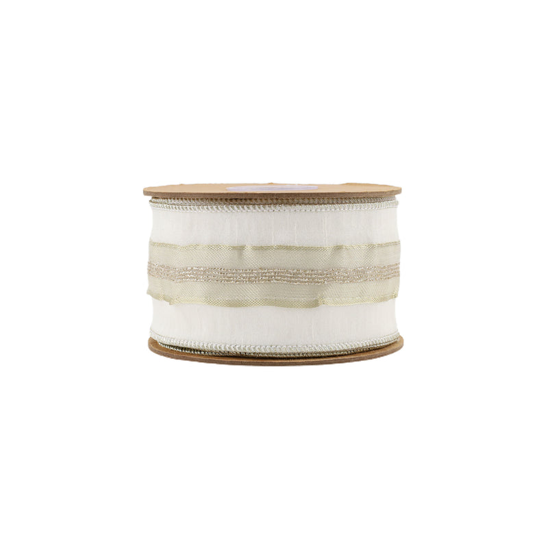 2 1/2" Wired Dupioni Ribbon | Ivory w/ Platinum Trim | 5 Yard Roll