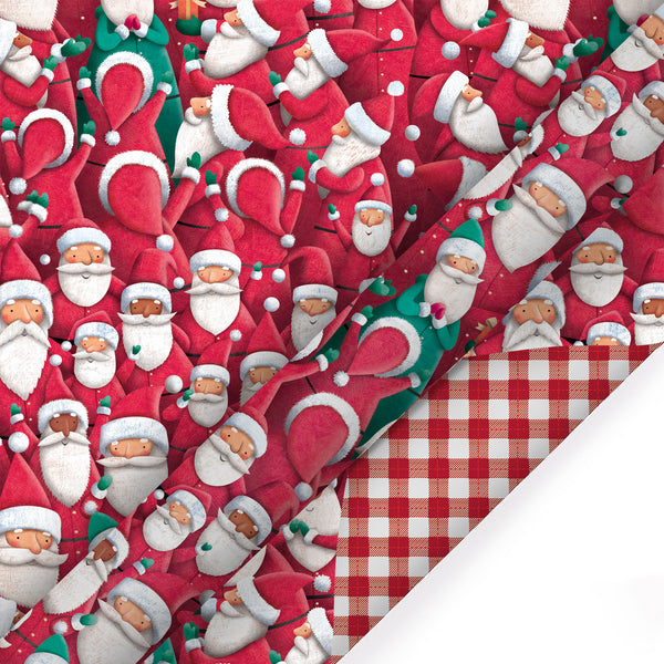 24" x 417' Holiday Reversible Wrapping Paper Half Ream | Joyful Santa Bunch/Red and White Buffalo Plaid