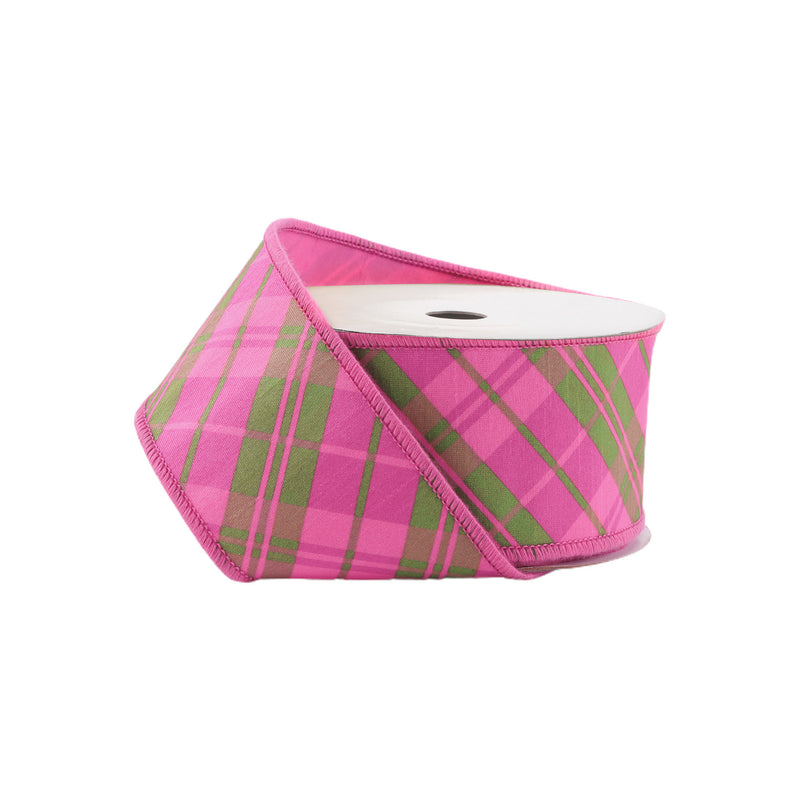 4" Wired Dupioni Ribbon | Bias Plaid Pink/Multi w/ Taffeta Fused Back | 10 Yard Roll