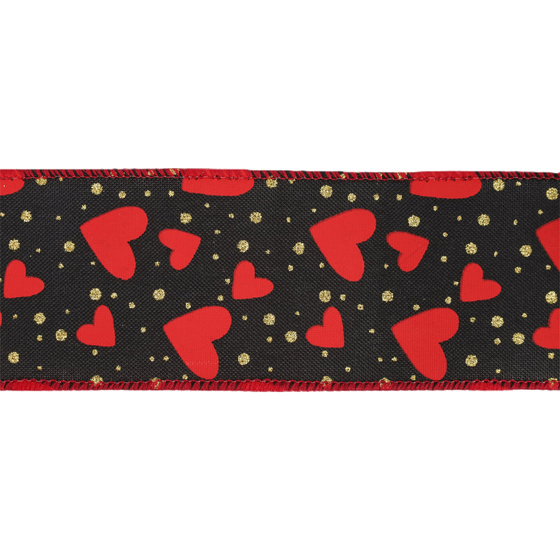 2 1/2" Wired Ribbon | Black w/ Red Hearts/Gold Sparkles | 10 Yard Roll