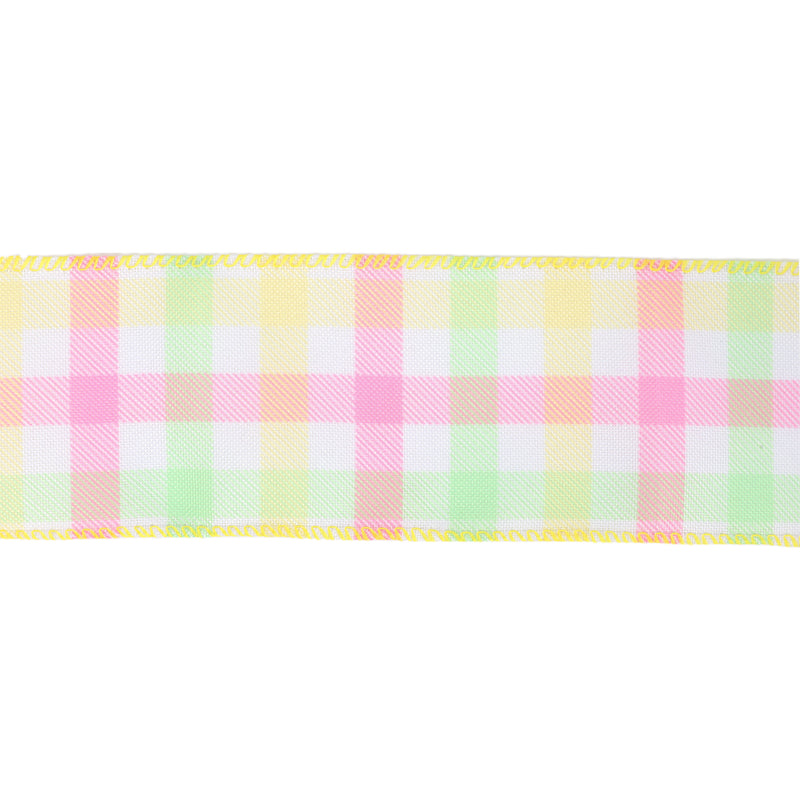 2 1/2" Wired Ribbon | White w/ Pastel Plaid Green/Yellow/Pink | 10 Yard Roll