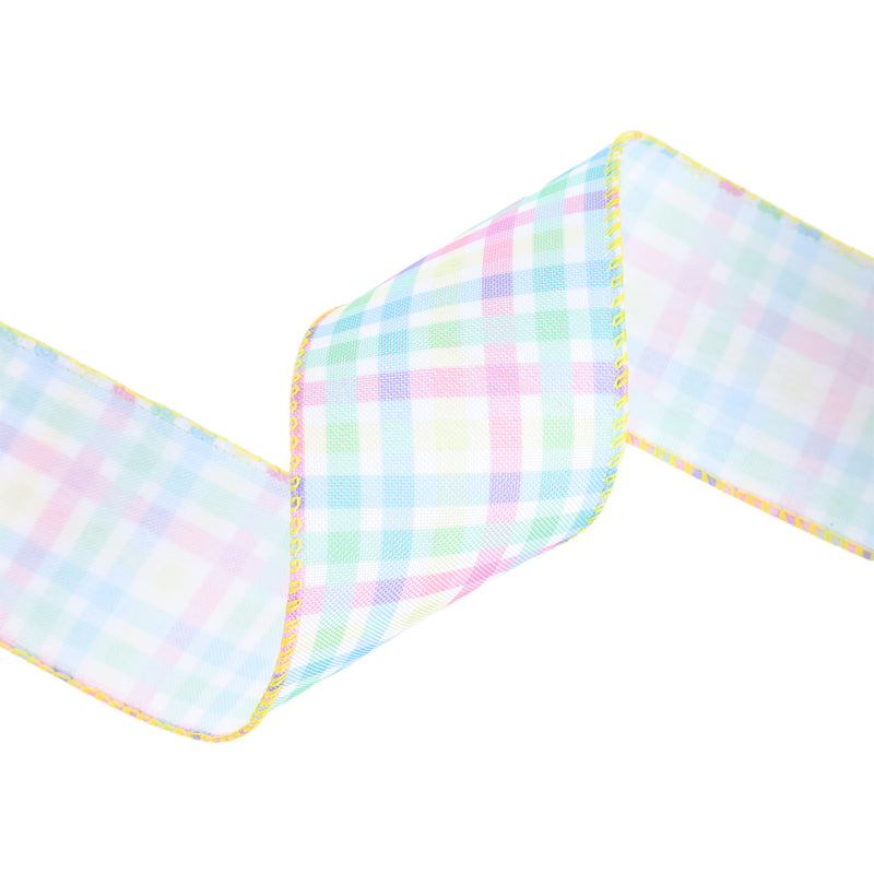 2 1/2" Wired Ribbon | White w/ Bright Plaid Green/Blue/Yellow/Pink | 10 Yard Roll