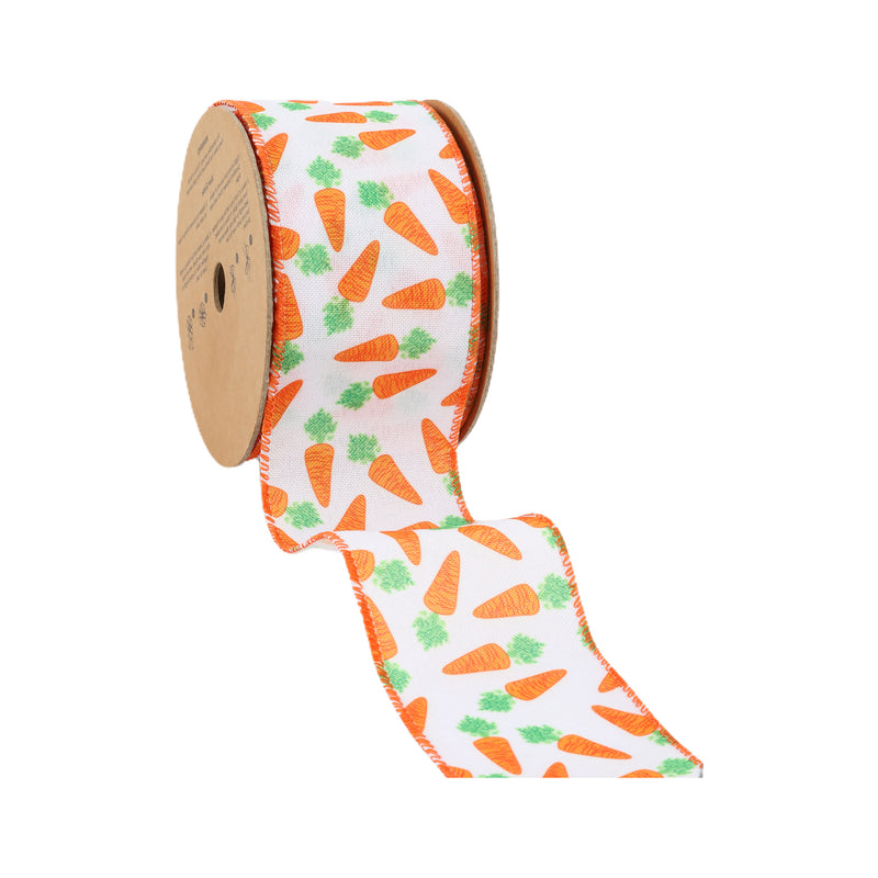 2 1/2" Wired Ribbon | White w/ Orange Carrots | 10 Yard Roll