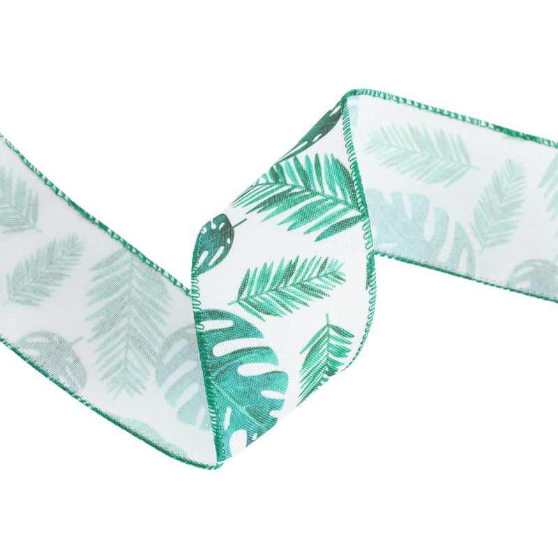 2 1/2" Wired Ribbon | Monstera and Palm Leaf on White | 10 Yard Roll
