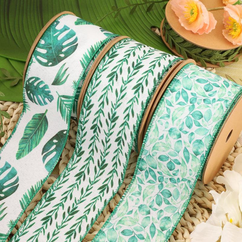 2 1/2" Wired Ribbon | Monstera and Palm Leaf on White | 10 Yard Roll