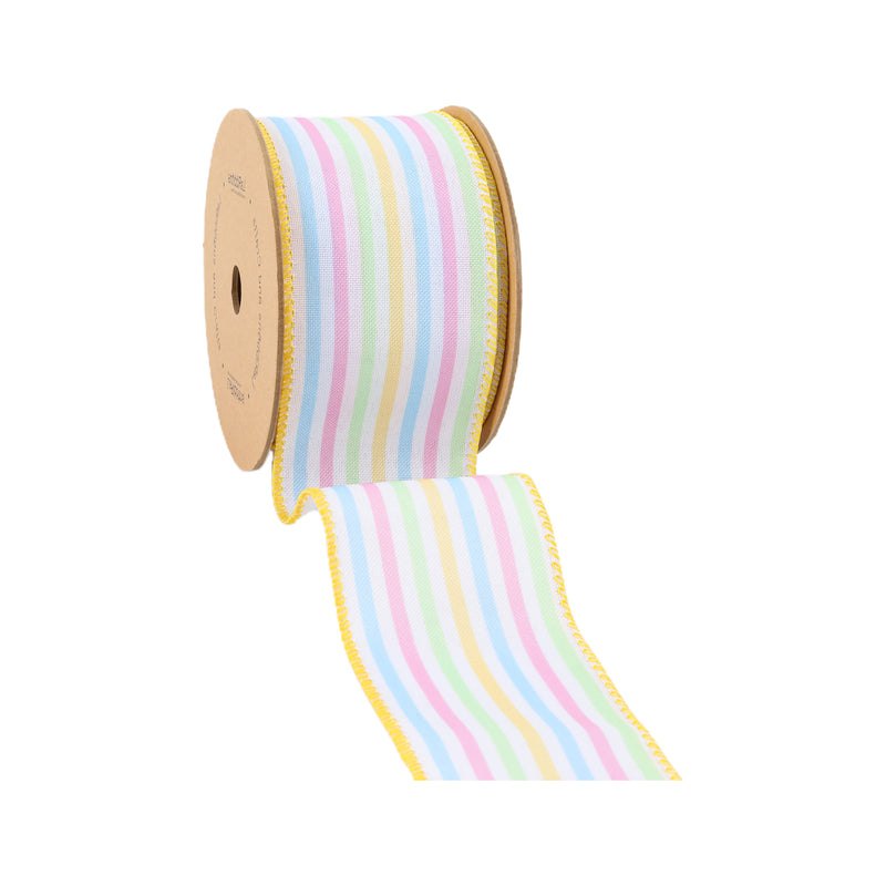 2 1/2" Wired Ribbon | White w/ Bright Railroaded Stripes Green/Pink/Blue/Yellow | 10 Yard Roll