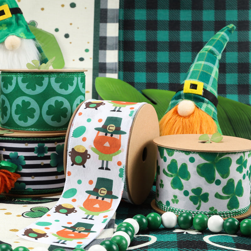 2 1/2 Wired Ribbon | White w/ Leprechaun & Pot O'Gold | 10 Yard Roll