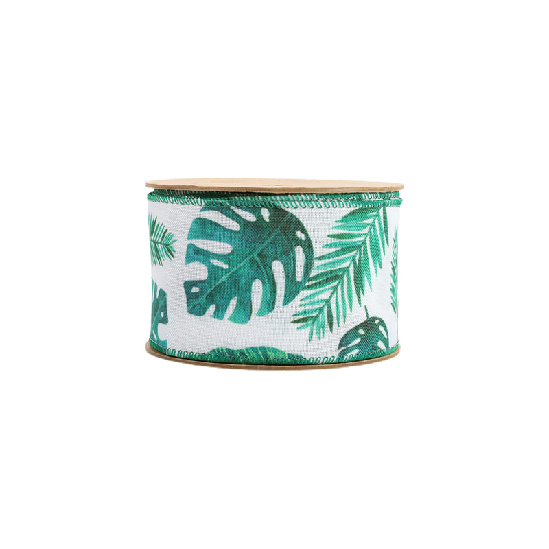 2 1/2" Wired Ribbon | Monstera and Palm Leaf on White | 10 Yard Roll
