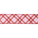 1 1/2" Wired Ribbon | White w/ Pink/Red Printed Bias Plaid | 10 Yard Roll