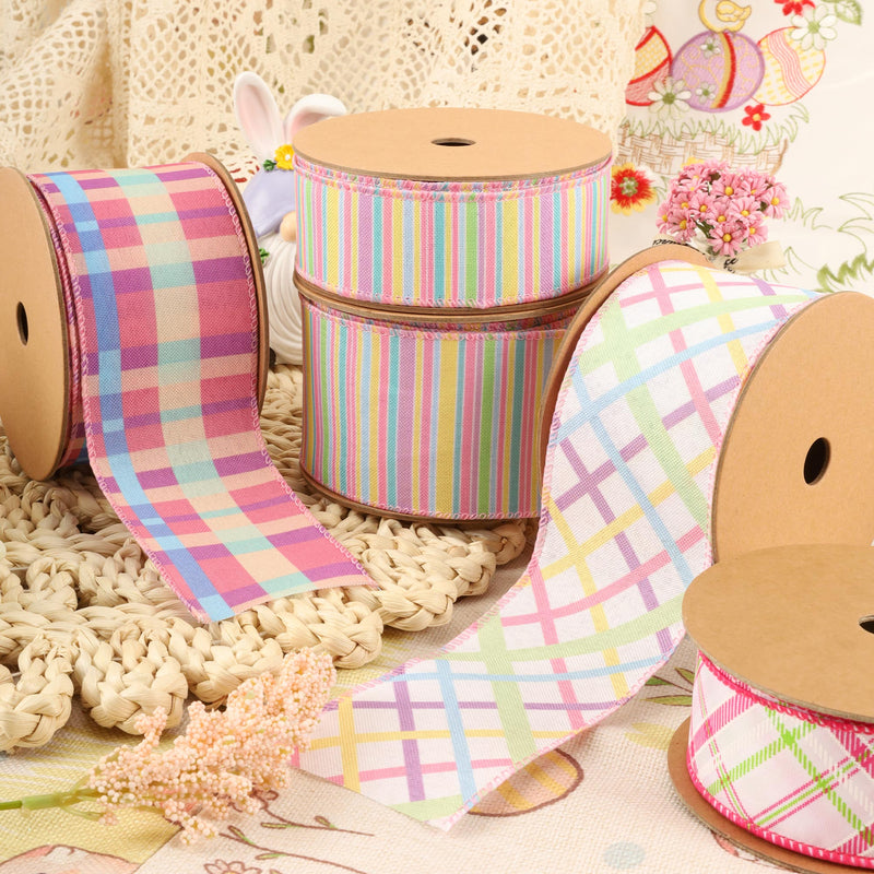 2 1/2 Wired Ribbon | White w/ Pastel Bias Plaid | 10 Yard Roll