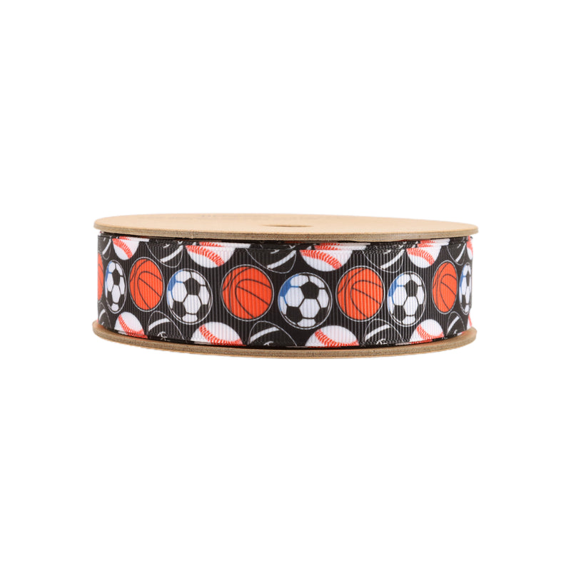 1" Printed Grosgrain Ribbon | All Sports on Black | 25 Yard Roll