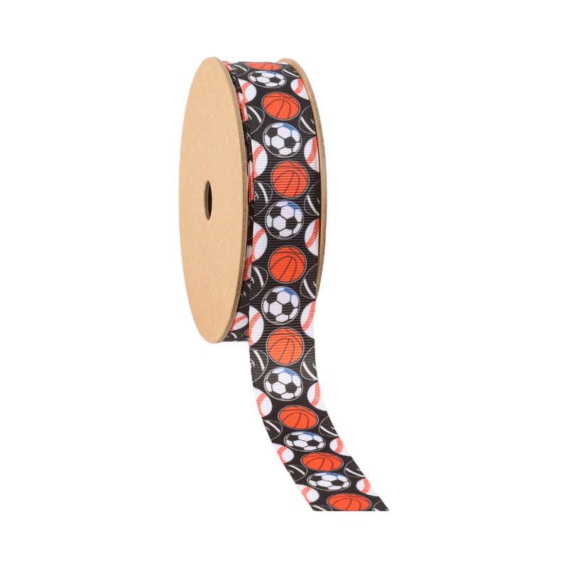 1" Printed Grosgrain Ribbon | All Sports on Black | 25 Yard Roll