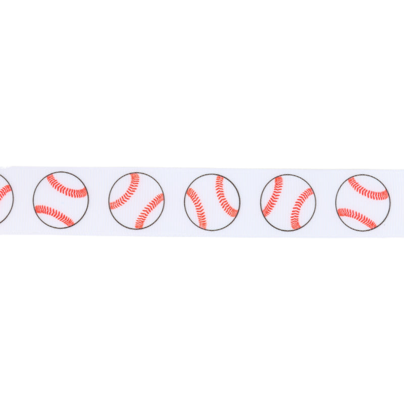 1" Printed Grosgrain Ribbon | Baseballs on White | 25 Yard Roll