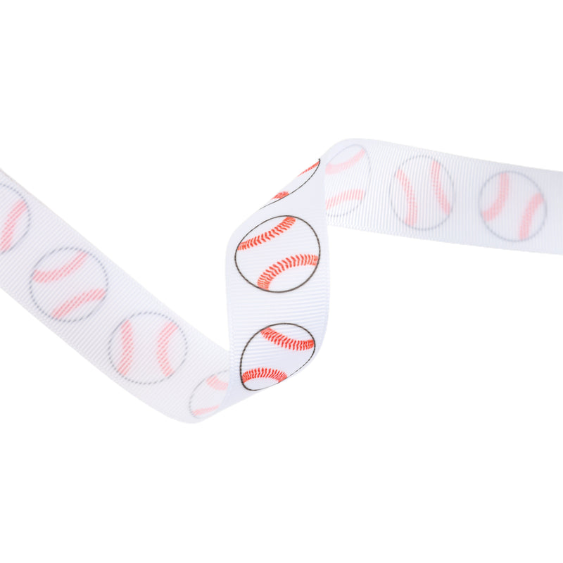 1" Printed Grosgrain Ribbon | Baseballs on White | 25 Yard Roll