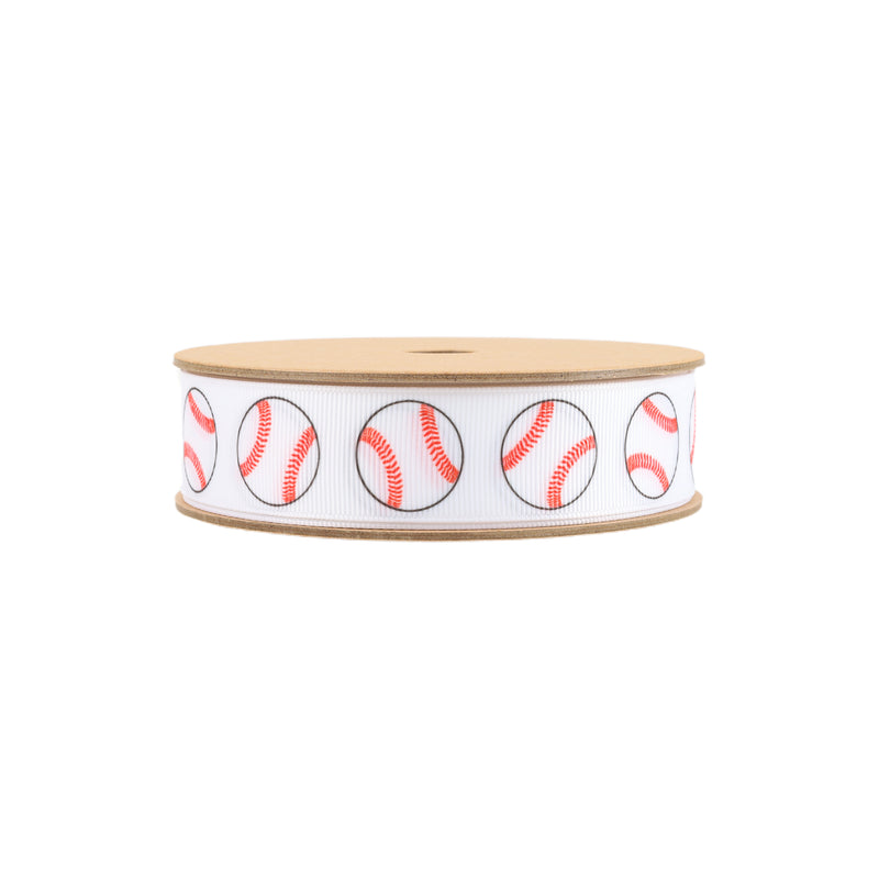 1" Printed Grosgrain Ribbon | Baseballs on White | 25 Yard Roll